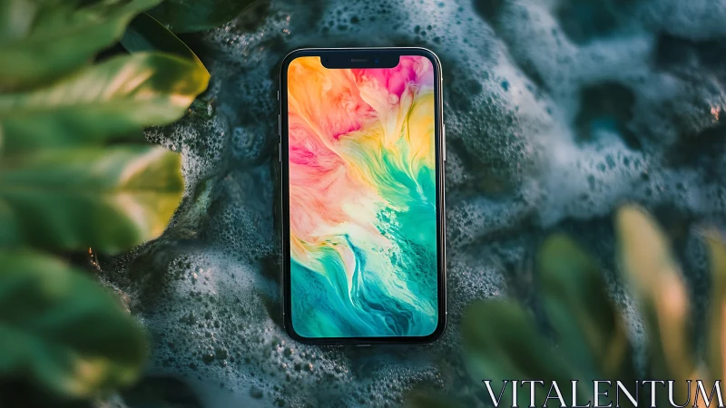 Vibrant Watercolor Phone Resting on Natural Stone Texture.