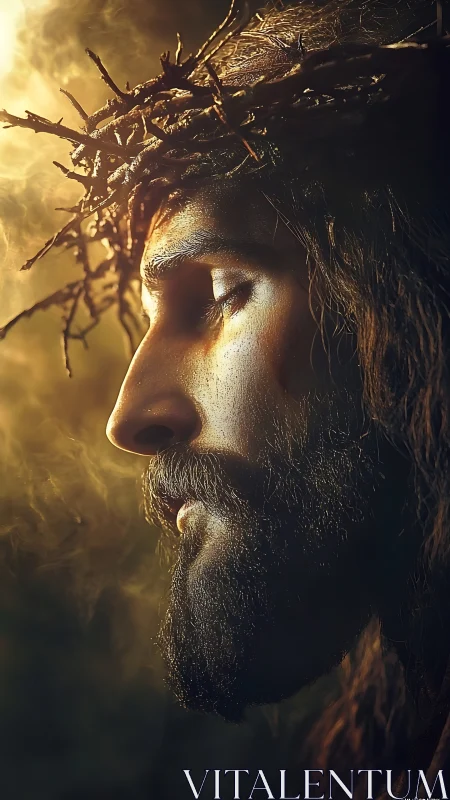 Side profile of bearded man with thorn crown in light.