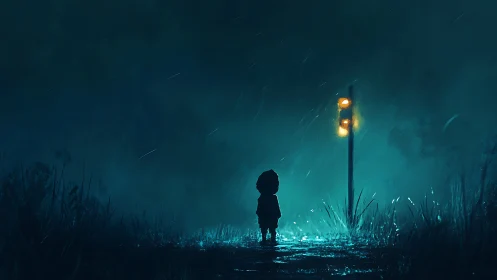 Hooded child stands under lonely traffic light in rain