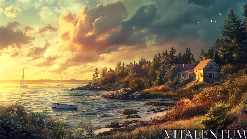 Golden hour coastal cottages under dramatic stratocumulus sky