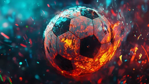 Blazing soccer ball surging through neon embers in motion.