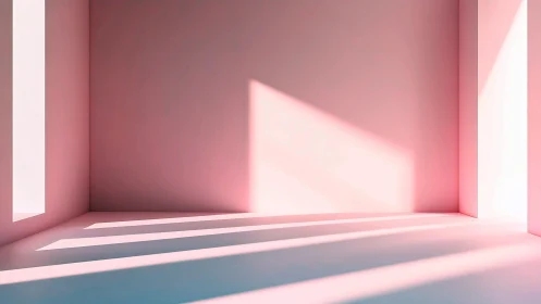 Soft pink minimalist room bathed in long geometric light beams.