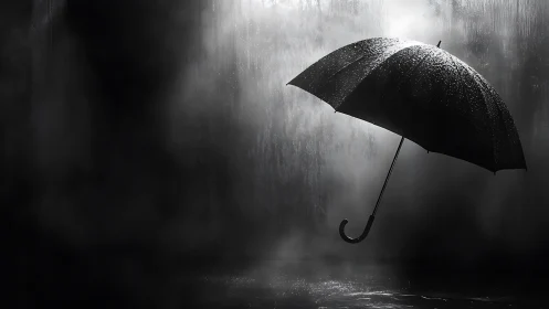 Black umbrella suspended in rain against dark wet backdrop.