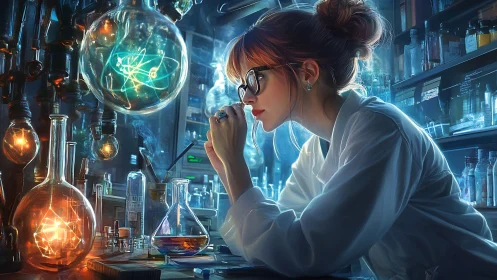 Contemplative scientist amid glowing alchemy lab glassware.