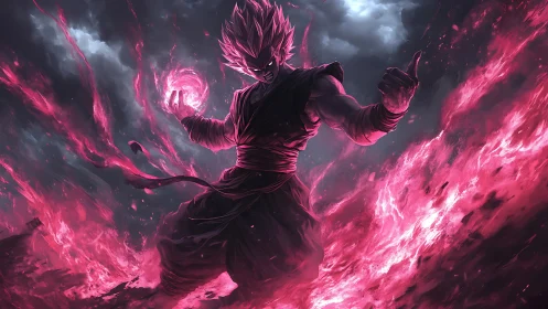Energetic warrior silhouette wielding crimson plasma aura storm