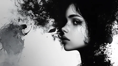 Monochrome portrait of woman merging with ink splashes.