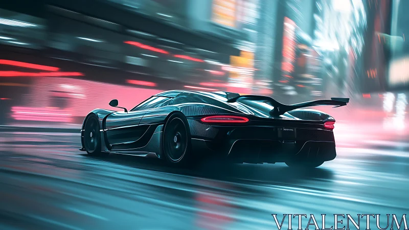 Sleek futuristic sports car gliding through neon city streets.