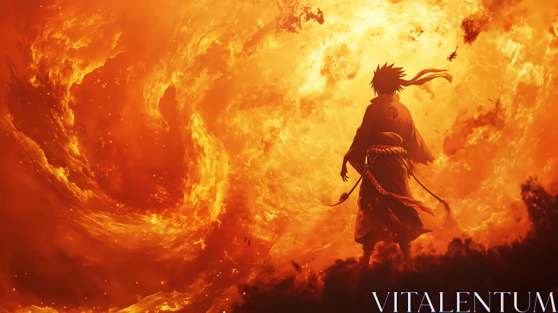 Silhouetted robed figure before large swirling fire vortex.