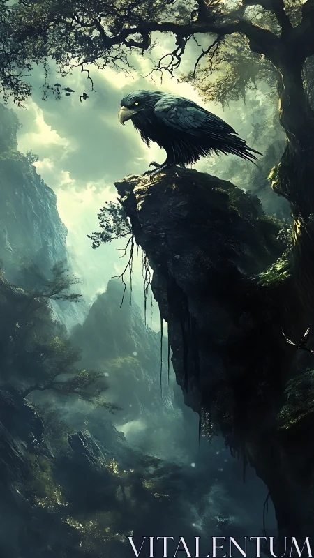 Mythic eagle sentinel overlooking mist-laden ravine cliffs.