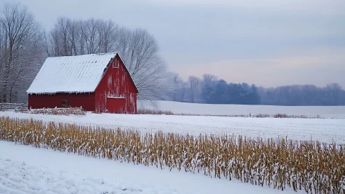 Rural red barn in winter cornfield under soft overcast light.