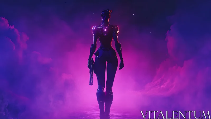 Cyborg figure with weapon in neon magenta fog environment.