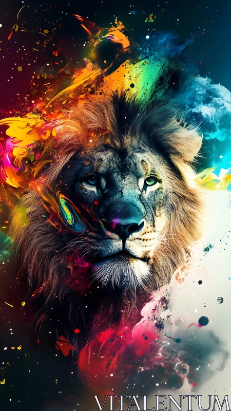 Chromatic lion portrait with dynamic nebula-like paint bursts