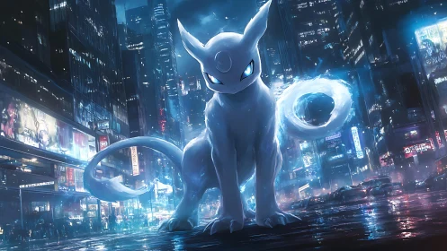 Neon-drenched cyber familiar stalks the midnight megacity