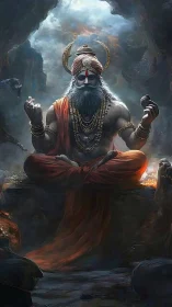 Mythic sage in cavernous meditation with divine aura.