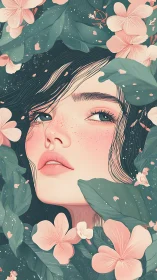Illustrated female portrait emerging from stylized floral canopy