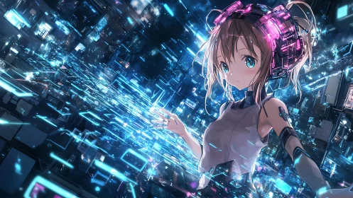 Cybernetic girl navigates luminous data streams in neon space