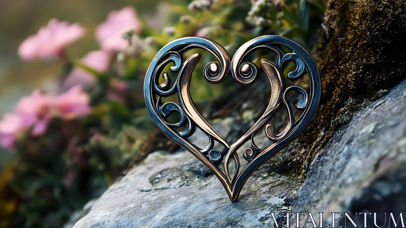 Ornate Heart Emerges: Metal Filigree Dancing Against Garden Stone
