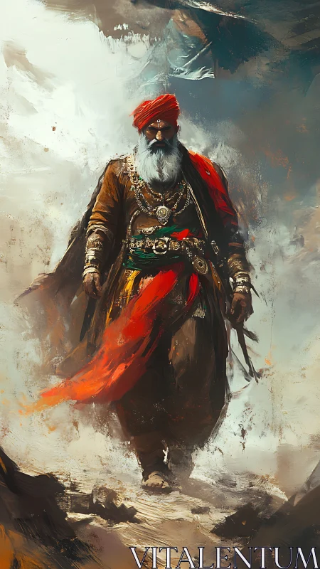 Majestic warrior elder in crimson turban amid swirling sands.