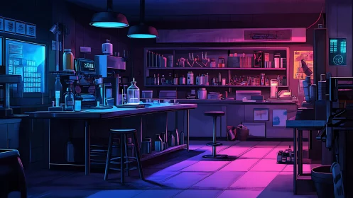 Neon-lit science lab interior with orderly workstations.