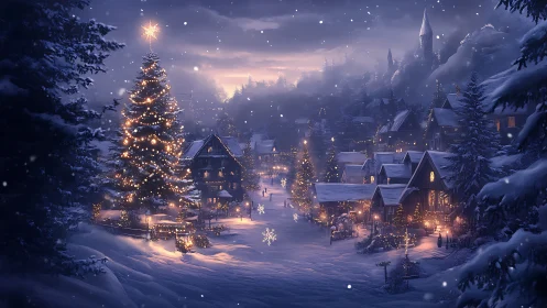 Snowy village Christmas lights glow in a tranquil winter dusk