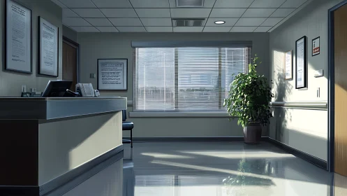Sunlit clinical reception interior rendered in photoreal detail