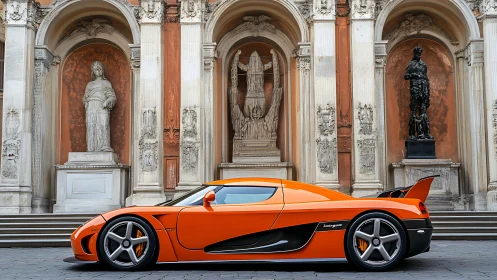 Orange sports car parked before ornate classical stone façade