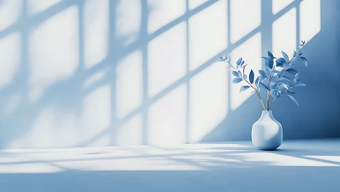 Minimalist ceramic vase with cool foliage in window light