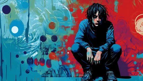 Brooding youth crouches amid vivid abstract chaos of color.