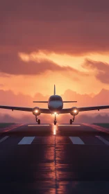 Twin engine aircraft front view on runway at sunset.