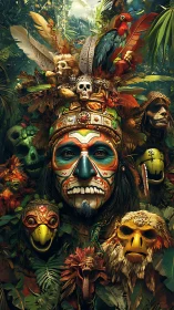 Jungle shaman portrait with tribal masks and feathers.