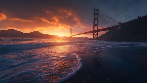 Golden bridge sunset guiding gentle waves toward shore.