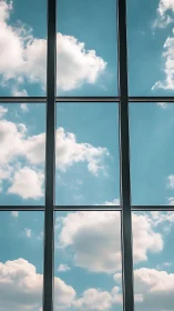 Soft clouds drift beyond bright window panes in calm sky