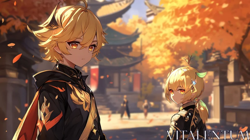 Golden-haired anime duo walk through sunlit autumn shrine