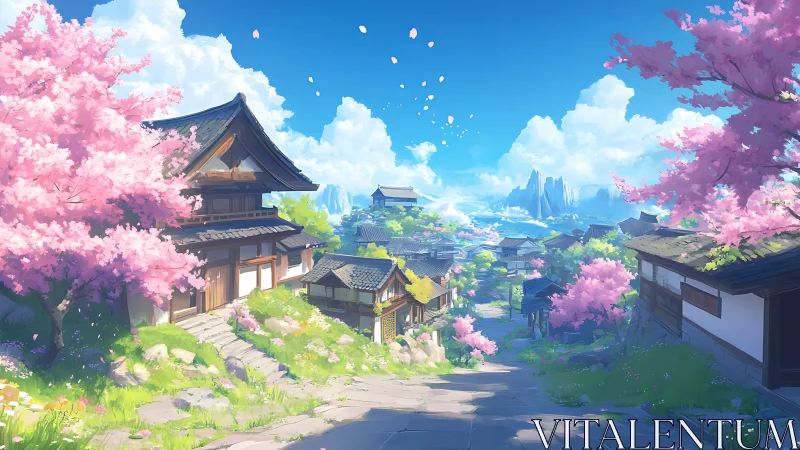 Sunlit sakura village street extends toward distant blue peaks