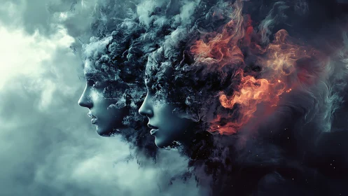 Dual human profiles formed from swirling smoke and fire.