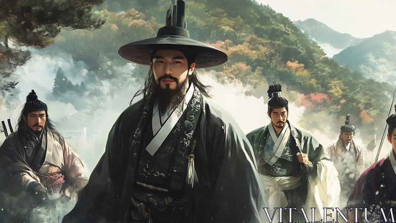 Group of historical East Asian figures in misty mountains.