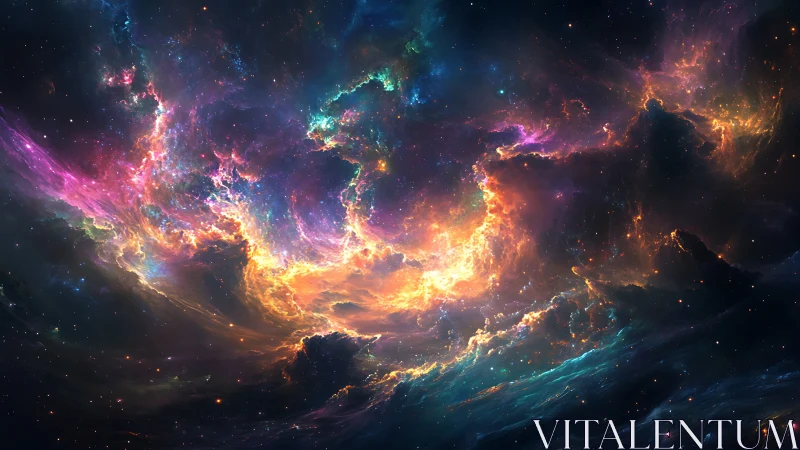 Digital nebula vortex with luminous chromatic gas flows.