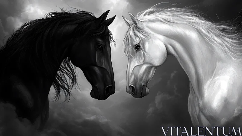 Two noble horses share a quiet moment in swirling clouds