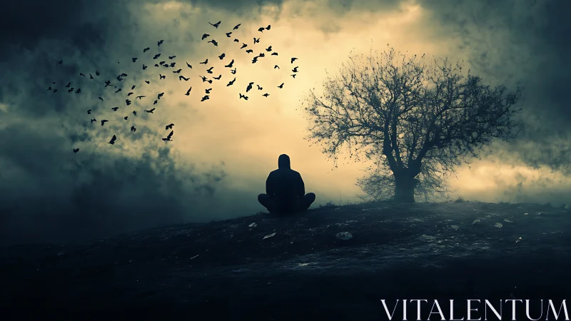 Solitary dreamer beneath stormlit sky and circling birds.