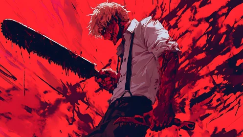 Anime action portrait with dynamic blood-splash composition.