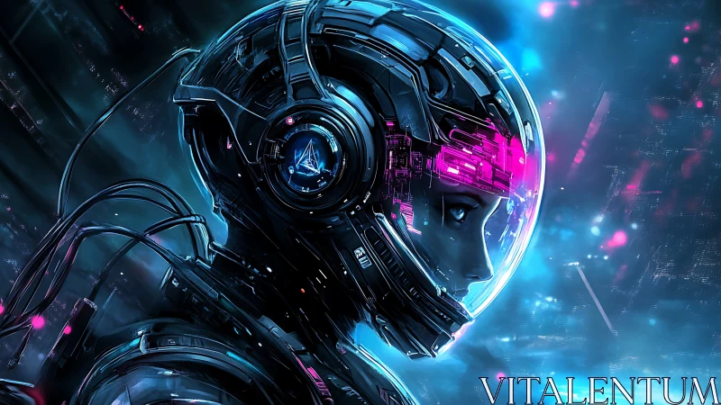 Neon-lit space pilot gazes ahead in a glowing cyber suit