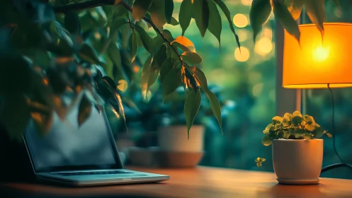 Cozy home workspace glowing with plants and soft evening light.