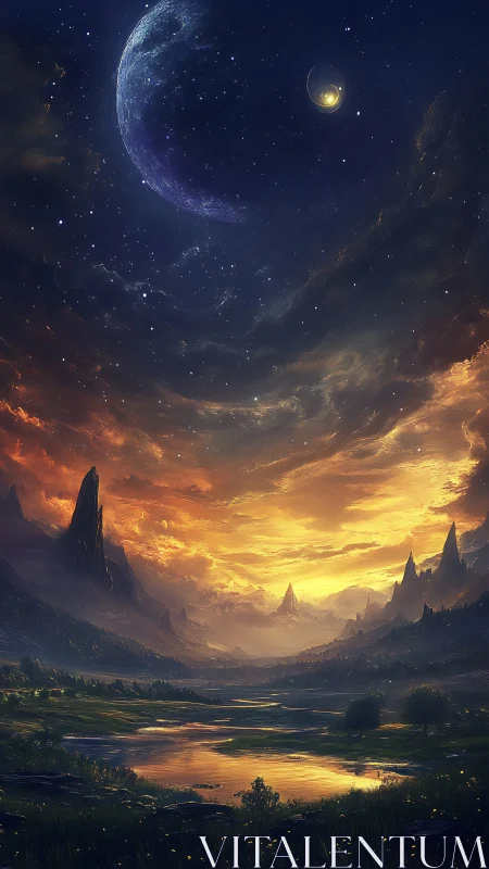 Digital painting of alien valley under crescent planet sky.