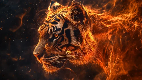 Fiery Tiger Portrait in Dynamic Lateral Profile Rendering.