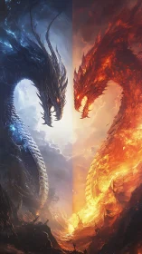 Elemental twin dragons form symmetric fire-ice confrontation arc