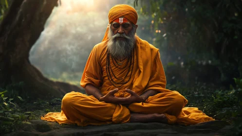 Forest sage in saffron calm, catching sunlit stillness.