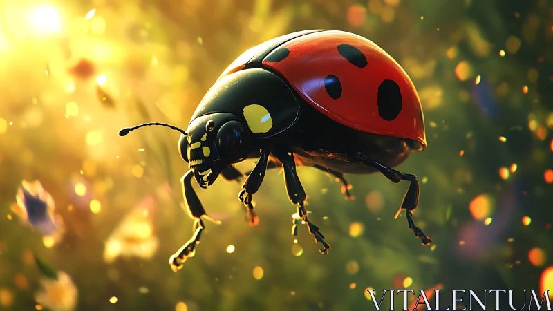 Ladybug hovers in midair against bright bokeh sunlight