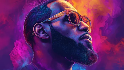 Neon portrait of confident man in sunglasses amid vivid smoke.