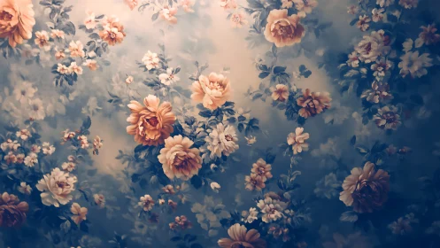 Dreamy Garden of Vintage Roses in Soft Peach and Blue.