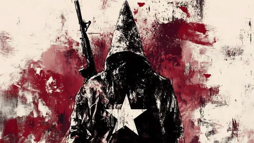 Hooded militant silhouette stands against red abstract backdrop